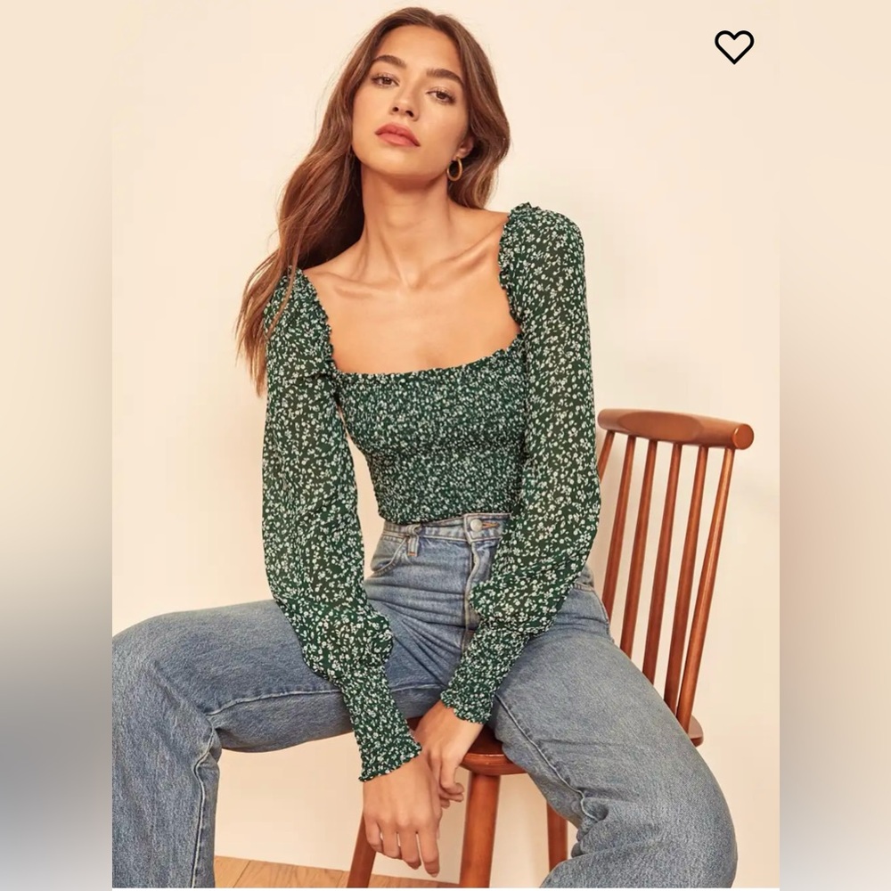 Reformation Pinto Top in Parsley Green Size Small Christmas Blouse Ruched